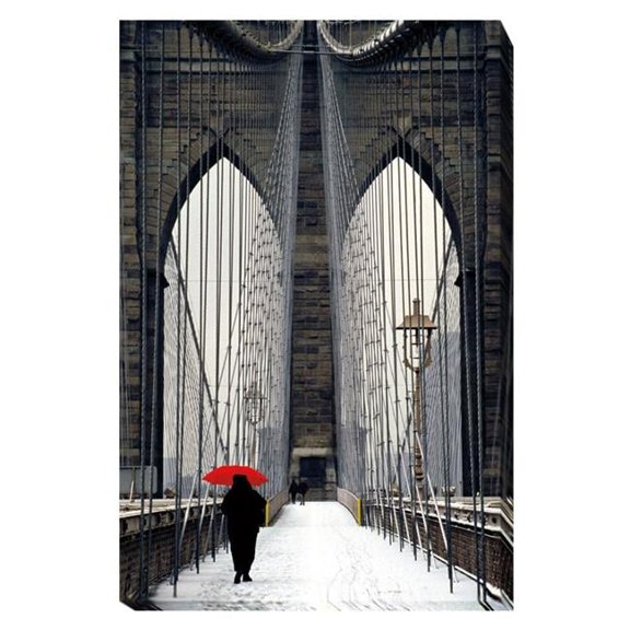 Brooklyn Bridge Meets Red by Michael Cahill Premium Gallery-Wrapped Canvas Giclee Art - 16 x 24 x 1.5 in.
