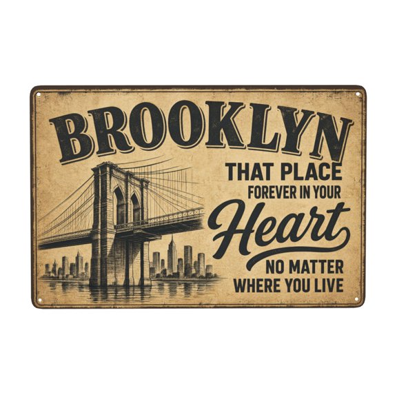 Brooklyn Bridge Metal Wall Decor Sign 8x12 Inch, Vintage New York City Skyline Plaque with Rustic Industrial Style Artwork, Inspirational Heart Quote Design for Home Office Bar Caf