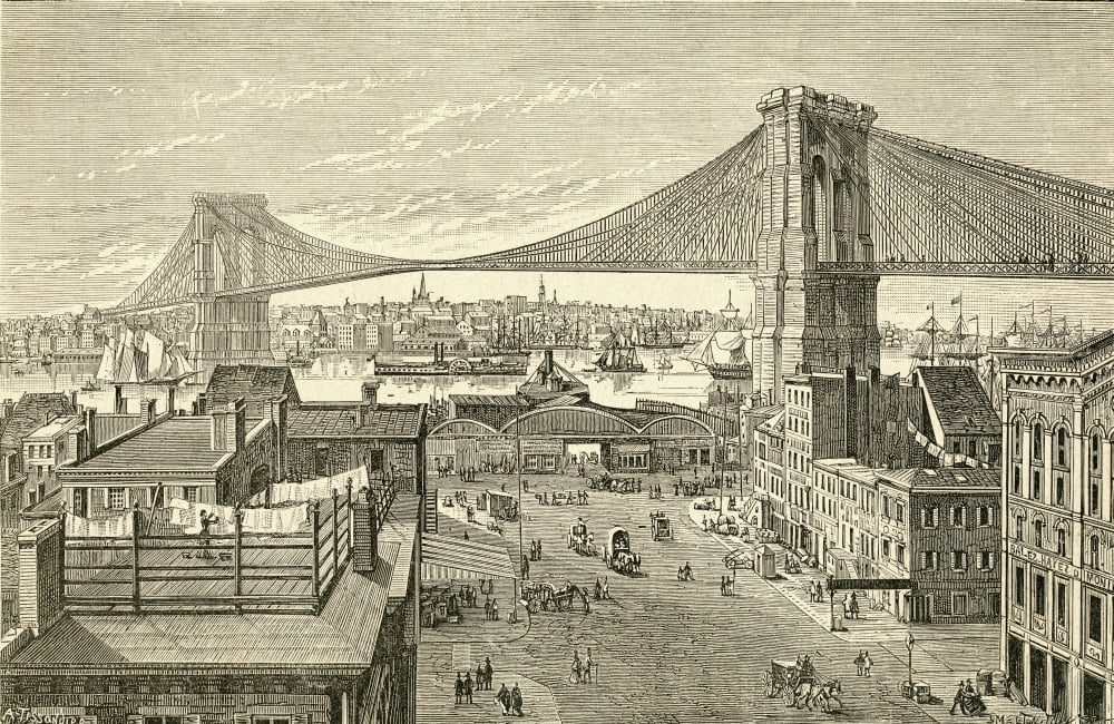Brooklyn Bridge New York United States Of America In The 19Th Century From El Museo Popular Published Madrid 1887 Canvas Art - Ken Welsh Design Pics (17 x 11)