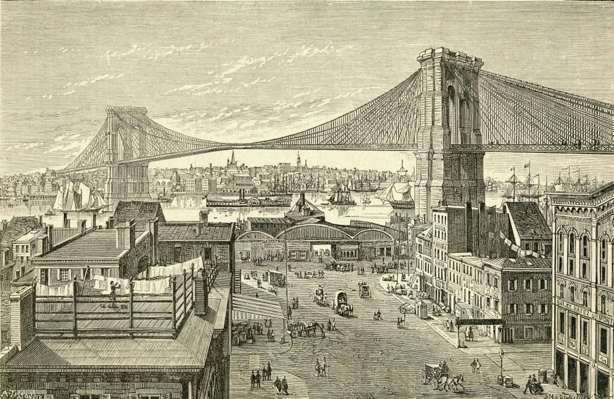 Brooklyn Bridge New York United States Of America In The 19Th Century From El Museo Popular Published Madrid 1887 Canvas Art - Ken Welsh Design Pics (34 x 22)