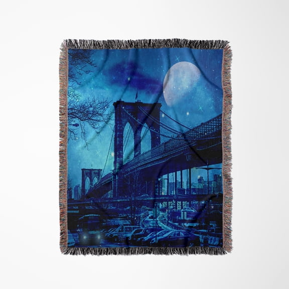 Brooklyn Bridge New York With Full Moon Illustration, Woven Blanket