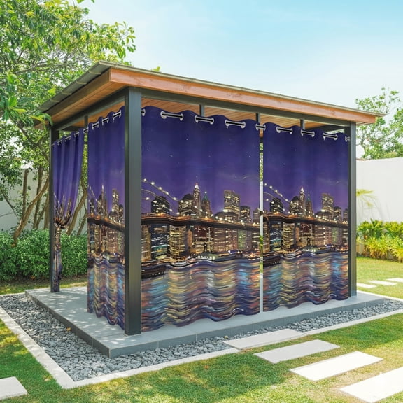 Brooklyn Bridge Outdoor Curtains for Patio, Night City Urban Landscape Waterproof Outside Curtains Privacy Blackout Curtain for Porch Pergola Cabana, 2 Panel 54W x 108L Inch
