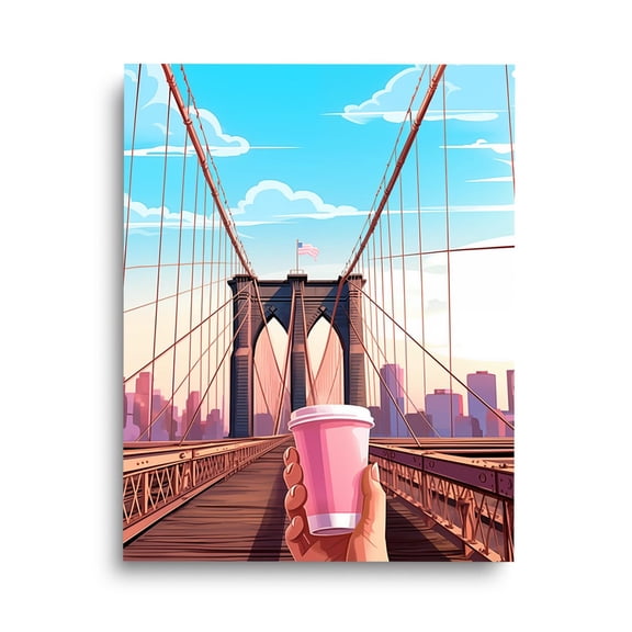 Brooklyn Bridge Print, Nyc Pink Coffee Cup Art, Manhattan Poster, Cityscape Decor, Coffee Wall Art, New York Travel Home Decor #3936, Unframed Poster Size 12x18