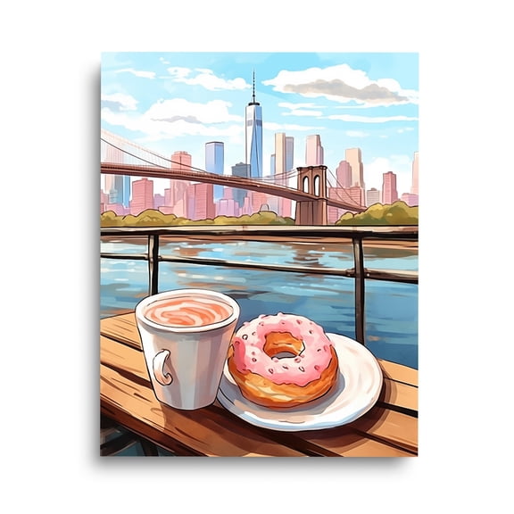 Brooklyn Bridge Print, Nyc Skyline Coffee & Donut Art, New York Travel Print, Cityscape Breakfast Wall Decor, Dumbo Gift Home Decor #297, Unframed Poster Size 8x12