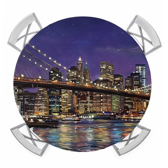 Brooklyn Bridge Round Table Cover, Night City Urban Landscape Waterproof Fitted Tablecloths for 36"-44" Tables, Washable Picnic Table Cover for Camping Dining Indoor Outdoor