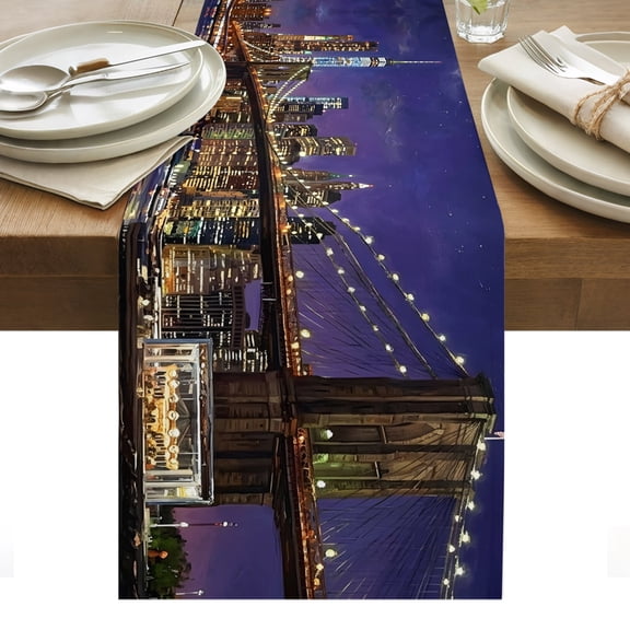 Brooklyn Bridge Table Runner, Night City Urban Landscape Cotton Linen Kitchen Dining Table Runner Cloth Dresser Scarf Decoration for Party Home Decor 13x36in