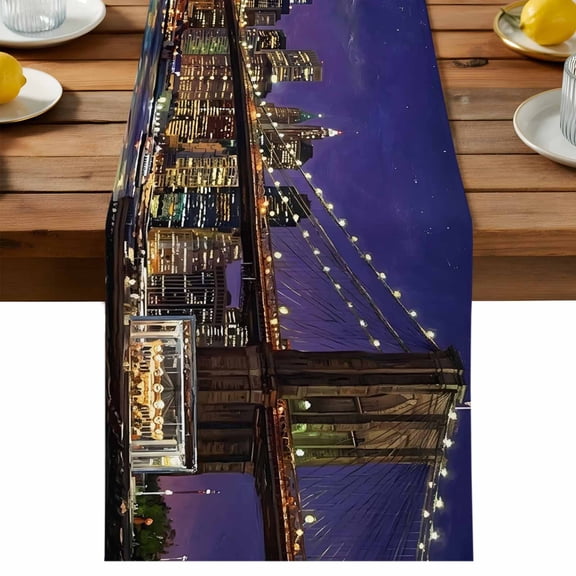 Brooklyn Bridge Table Runner, Night City Urban Landscape Cotton Linen Kitchen Dining Table Runner Home Decor for Party Festival Holiday Decoration Gift 13x36in