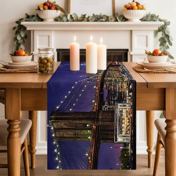 Brooklyn Bridge Table Runner, Night City Urban Landscape Washable Cotton-linen Table Runners Dining Kitchen Decoration for Everyday Home Wedding Party Decor, 13 x 36 Inch