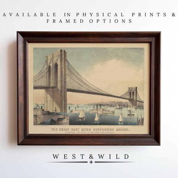 Brooklyn Bridge Vintage East River Prints New York Art Currier And Ives Wall Art New York Gift