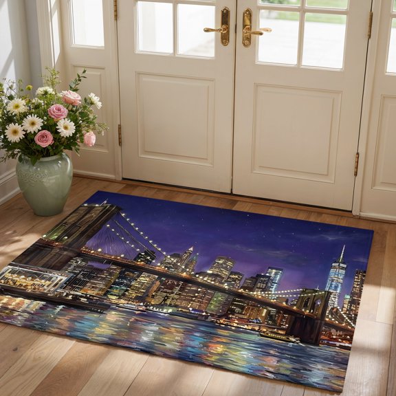 Brooklyn Bridge Washable 2x3 Entryway Rug, Ultra-Thin Night City Urban Landscape Door Mat Indoor Entrance, Non Slip Small Area Rug, Low Pile Floor Carpet for Kitchen Bathroom Bedroom