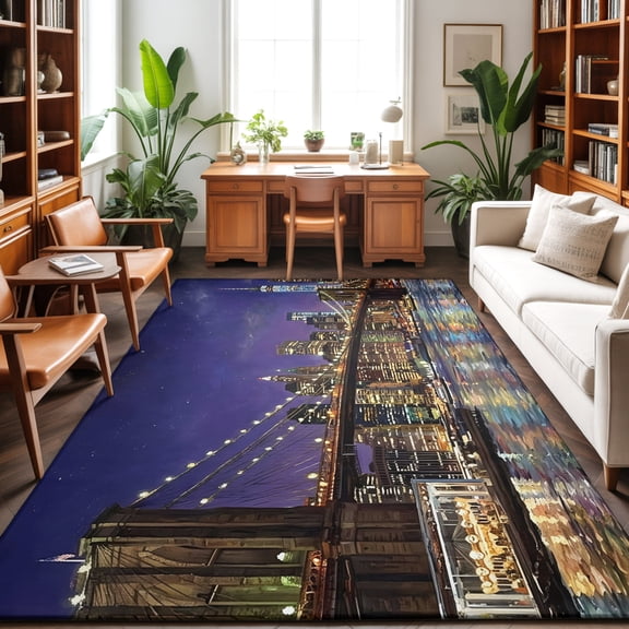 Brooklyn Bridge Washable Area Rug 9 x 12 ft Night City Urban Landscape, Soft Non Slip Rugs Stain Repellent Indoor Felt Carpet for Living Dining Room Bedroom Home Office