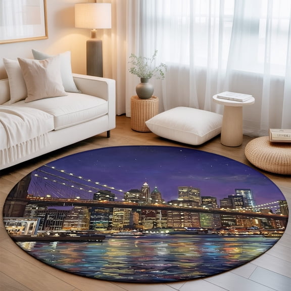 Brooklyn Bridge Washable Round Area Rug 3 ft, Night City Urban Landscape, Soft Non Slip Rugs Stain Repellent Indoor Felt Carpet for Living Dining Room Bedroom Home Office