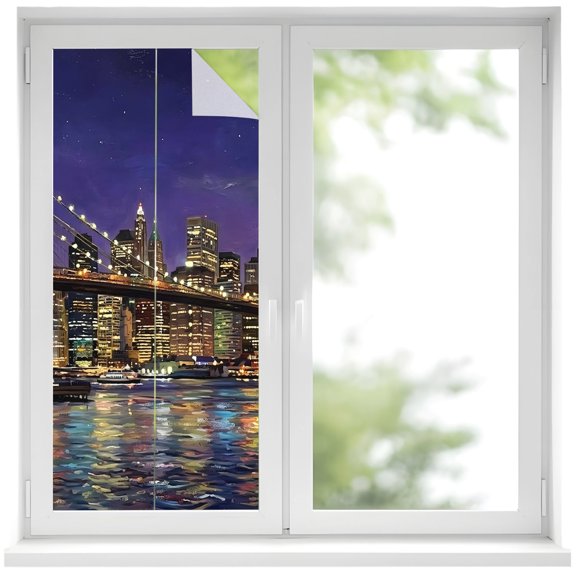 Brooklyn Bridge Window Privacy Film Night City Urban Landscape Decorative Glass Window Film UV Blocking Static Cling Non-Adhesive Sticker Covering for Home Door 17.7 x 39.3 inches