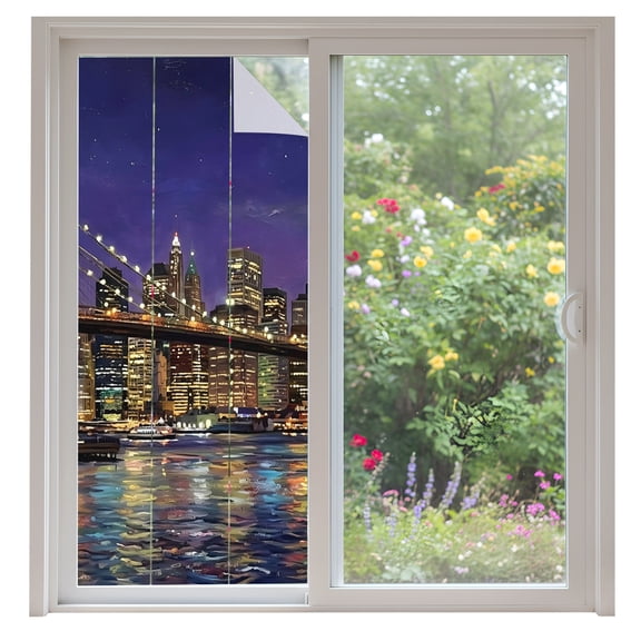 Brooklyn Bridge Window Privacy Film Night City Urban Landscape Decorative Glass Window Film UV Blocking Static Cling Non-Adhesive Sticker Covering for Home Door 35.4x78.7 inches
