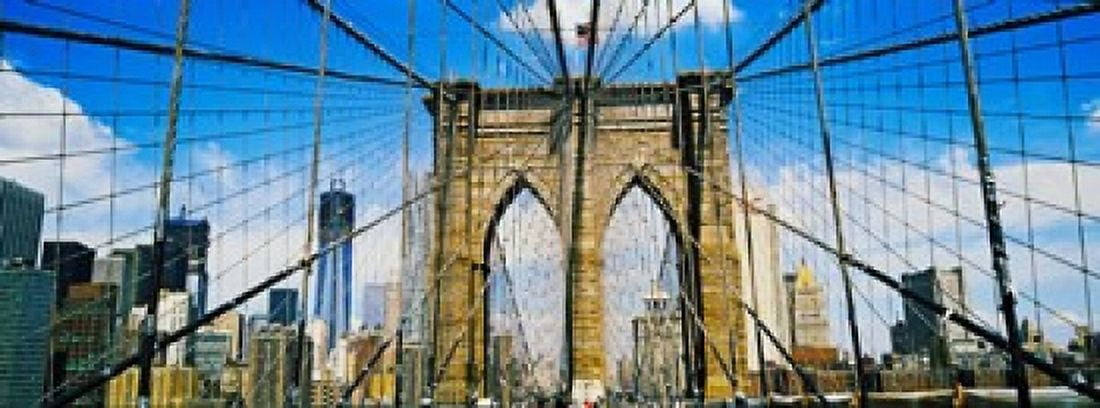 Brooklyn Bridge with Freedom Tower New York City New York State USA Canvas Art - Panoramic Images (36 x 13)