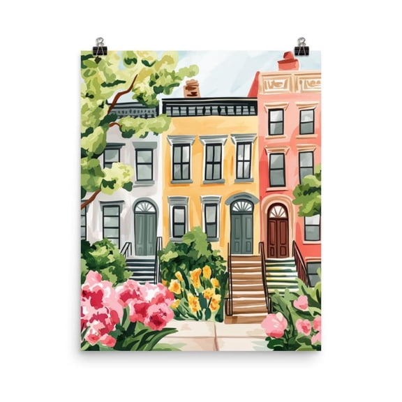 Brooklyn Brownstones Print, Nyc Spring Cityscape Wall Art, New York Decor, Pastel Street Poster, Urban Travel Artwork, Street Art Home Decor #3792, Stretched Canvas Size 12x18