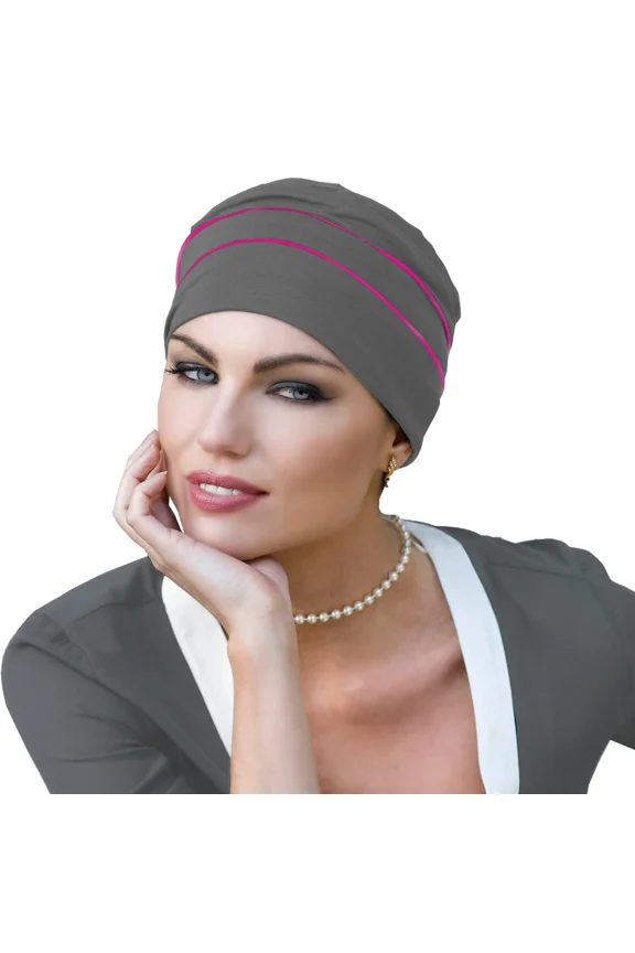 Brooklyn Chemo Headwear Beanie Cap for Women, Soft Bamboo Cancer Hat for Alopecia (Gray/Pink)