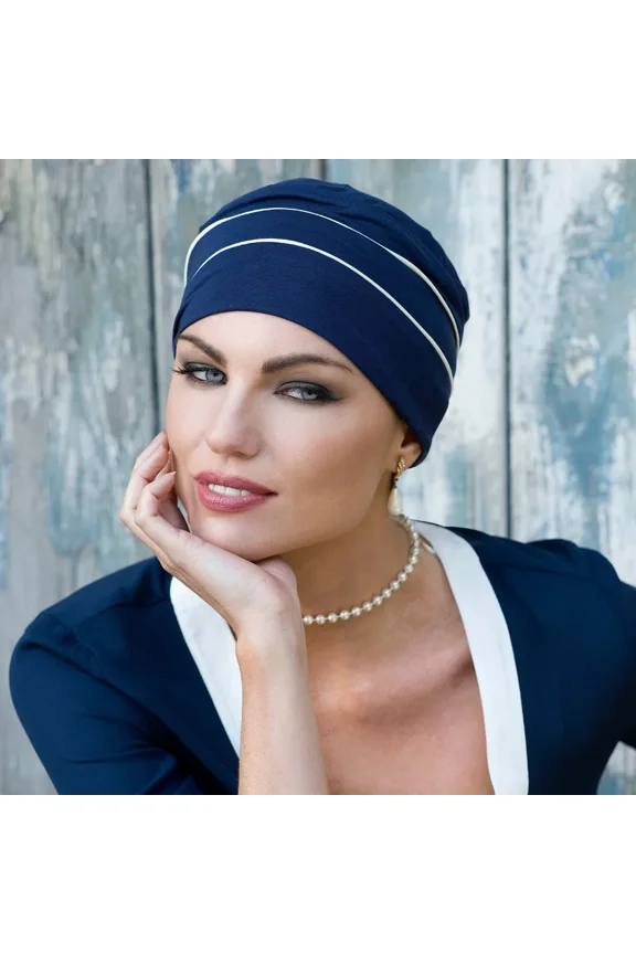 Brooklyn Chemo Headwear Beanie Cap for Women, Soft Bamboo Cancer Hat for Alopecia (Navy/White)