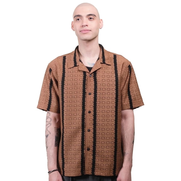 Brooklyn Cloth Men's Jacquard Knit Vertical Stripe Camp Collar Shirt, Toffec, Small