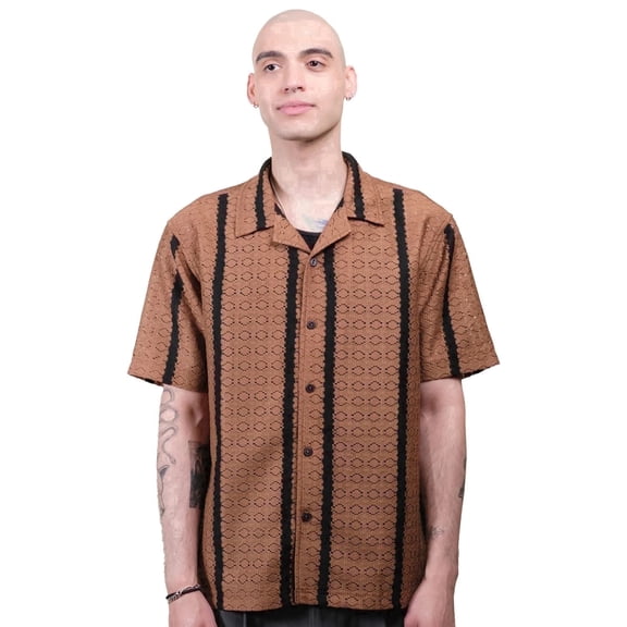 Brooklyn Cloth Men's Jacquard Knit Camp Collar Shirt, Vertical Stripe, Toffee, XL