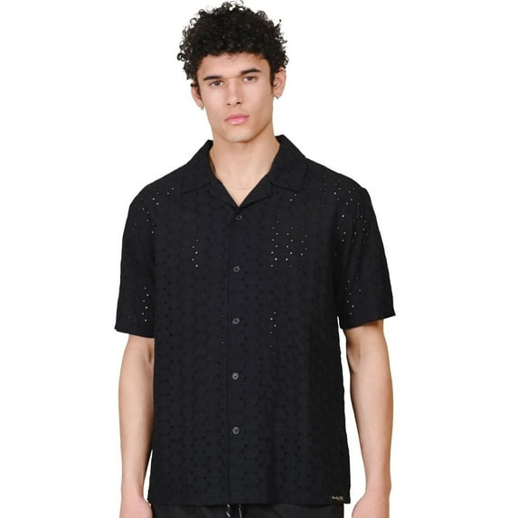 Brooklyn Cloth Men's Camp Collar Eyelet Button-Down Shirt, Short Sleeve, Black, Medium