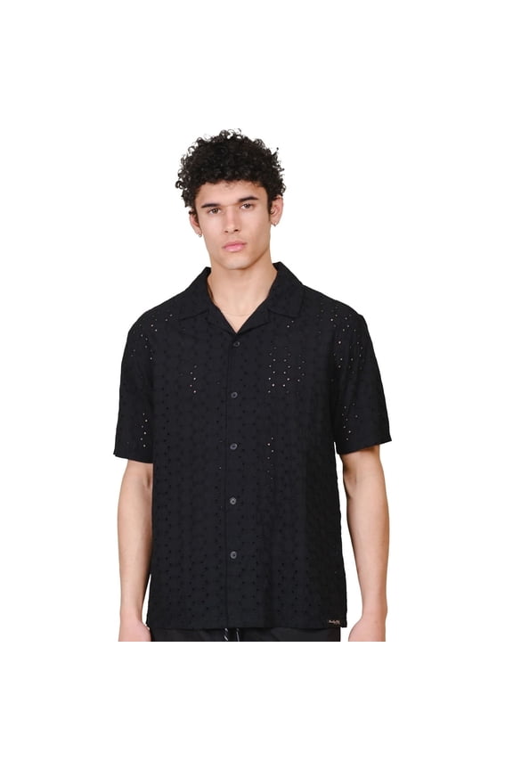 Men's Camp Collar Eyelet Button-Down Shirt, Short Sleeve, Black, Medium