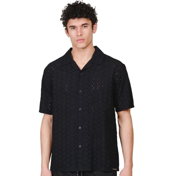Brooklyn Cloth Men's Woven Eyelet Camp Collar Shirt, Breathable, Button Down, Black, XL