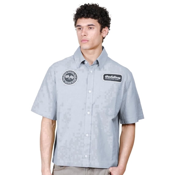 Brooklyn Cloth Men's Cropped Bedstuy Motor Club Shirt, Short Sleeve, Button-up, Quarry, Large