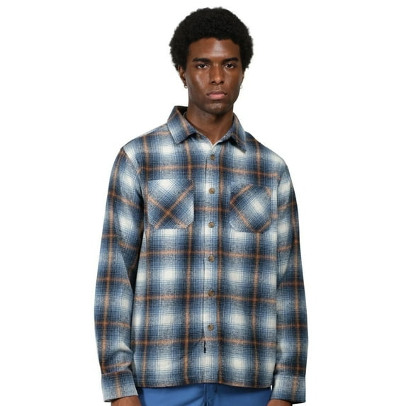 Brooklyn Cloth Men's Heavy Flannel Shacket – Check Pattern, Button Closure, Warm, Blue Beige Check, X-Large