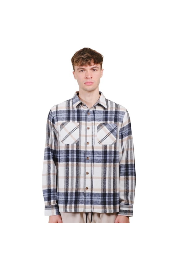 Men’s Heavyweight Flannel Shacket, Check Pattern, Button Front Closure, Warm, Ivory, Small