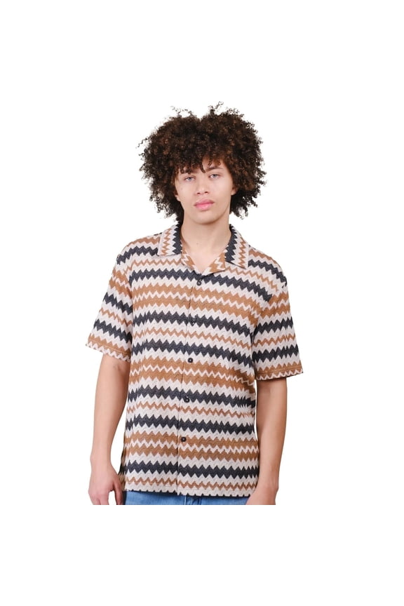 Men’s Zig Zag Jacquard Camp Shirt, Short Sleeve, Relaxed Fit, Casual, Cream, XL