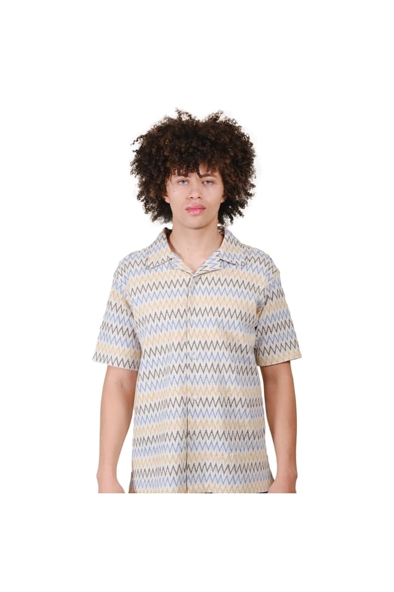 Men's Zig Zag Knit Camp Collar Shirt, Relaxed Fit, Sand, Large