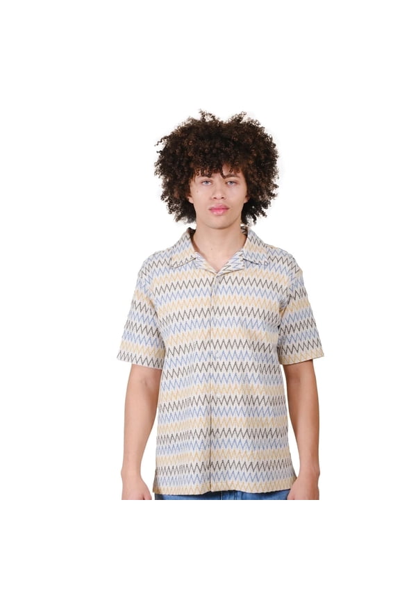 Men's Zig Zag Knit Camp Collar Shirt, Short Sleeve, Relaxed Fit, Sand, Small