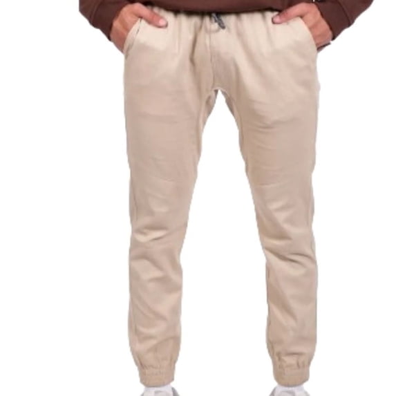Brooklyn Cloth Men's Twill Jogger Sweatpants, Drawstring Waist, Side Pockets, Khaki, Large