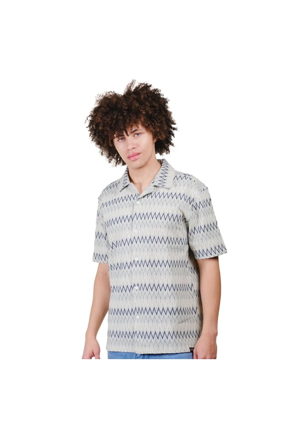 Men's Zig Zag Knit Camp Collar Shirt, Short Sleeve, Relaxed Fit, Aqua Gray, Medium