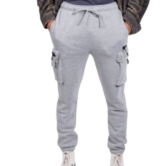 Brooklyn Cloth Men's Fleece Cargo Sweatpants, Carpenter Style, Zip Pockets, Elastic Waist, Heather Grey, Medium