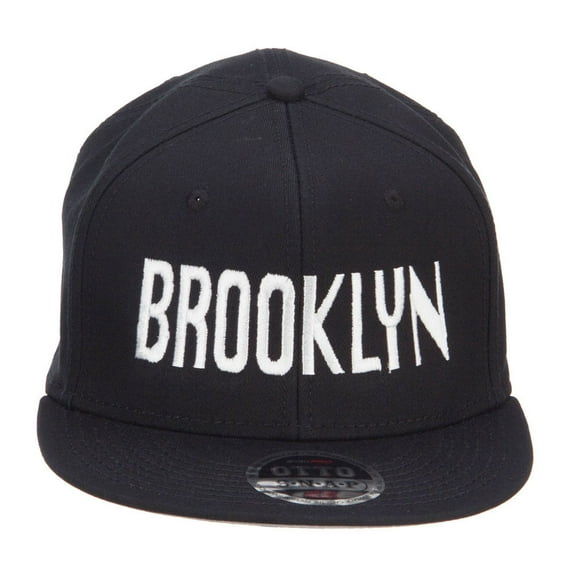 Brooklyn Embroidered Flat Bill Snapback Cap - Black OSFM