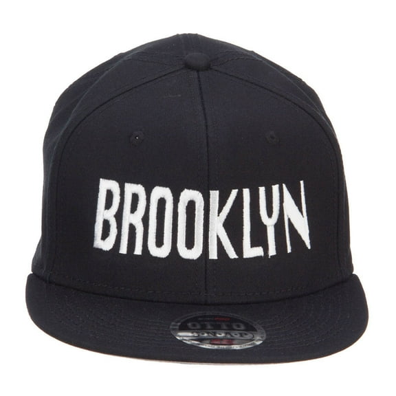 Brooklyn Embroidered Flat Bill Snapback Cap - Black OSFM
