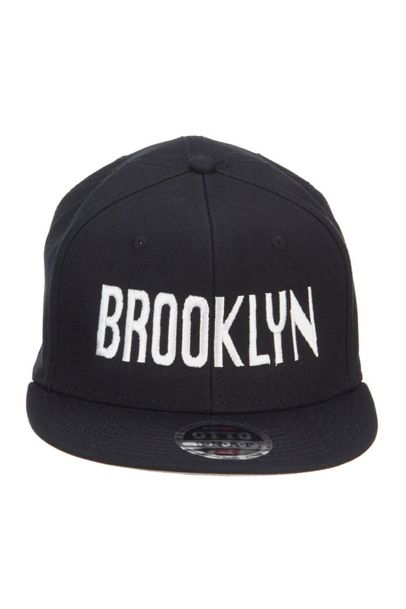 Brooklyn Embroidered Flat Bill Snapback Cap - Black OSFM