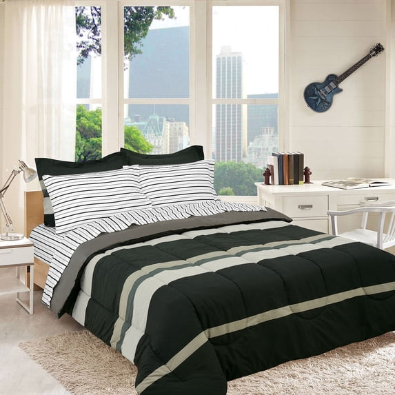 Rugby Stripe Bed-in-a-Bag Set - Grey - Full