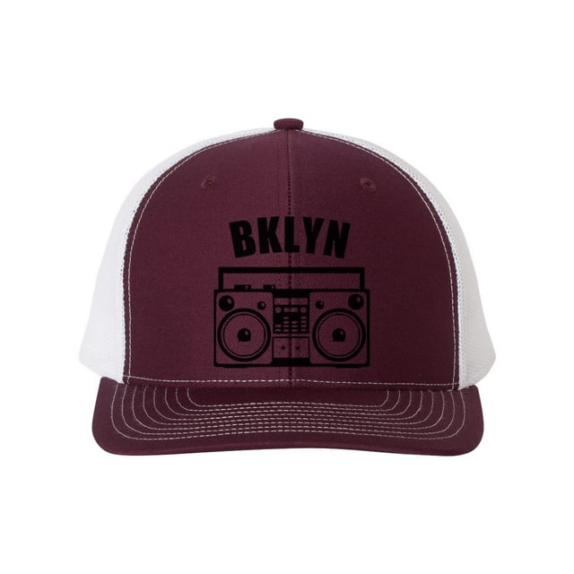 Brooklyn Hat, BKLYN, Boombox Hat, Retro Hat, Trucker Hat, Brooklyn Snapback, New York Hat, Adjustable Cap, Bklyn Hat, 90's Hat, Black Text, Maroon/White