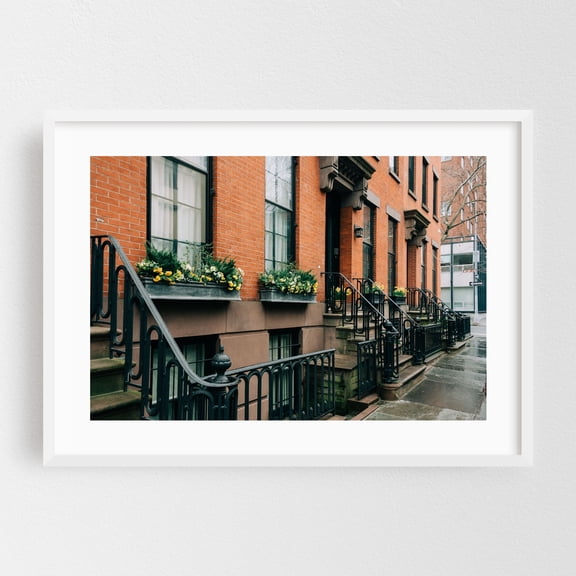 Brooklyn Heights Residential 05 - Brooklyn New York Photography Architecture City Street Photography Rustic Floral Vintage White Framed Wall Art Print 5 x 7 inches