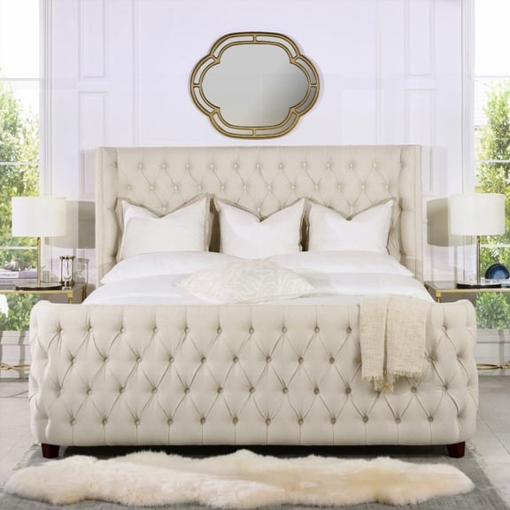 Brooklyn King Bed Headboard and Footboard Set in Light Beige Linen, Boasting a Luxurious Wingback Silhouette