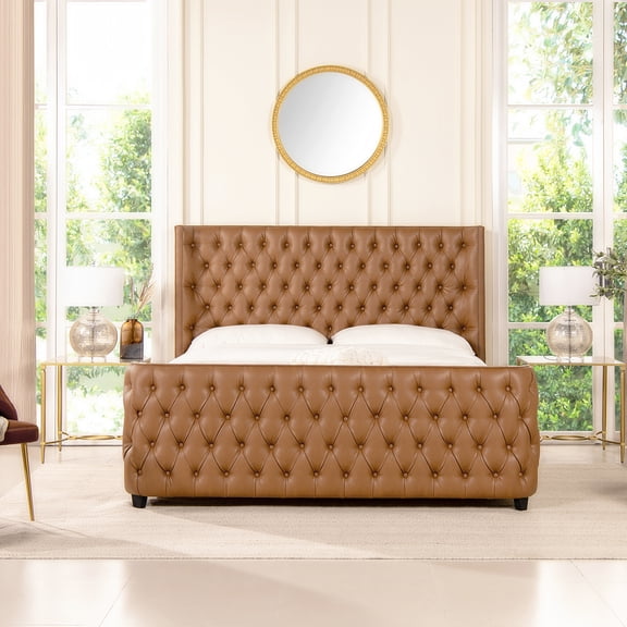Brooklyn King Tufted Panel Bed Headboard and Footboard Set, Caramel Tan Brown Faux Leather