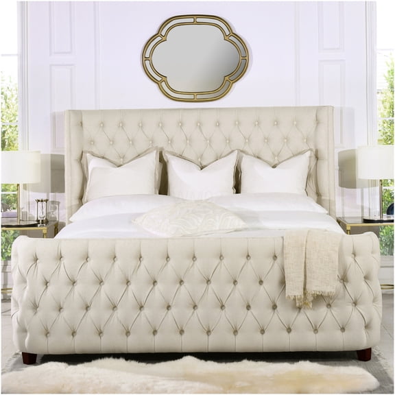 Brooklyn King Upholstered Bed Frame with Headboard and Footboard, Beige Linen Fabric, Wood and Foam Construction, Box Spring Required
