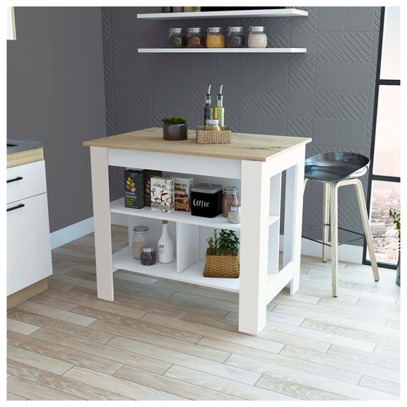 Brooklyn Kitchen Island, Three Concealed Shelves Multicolor + Kitchen + Contemporary + Rectangular + Kitchen Island Sets + Melamine + Particle Board