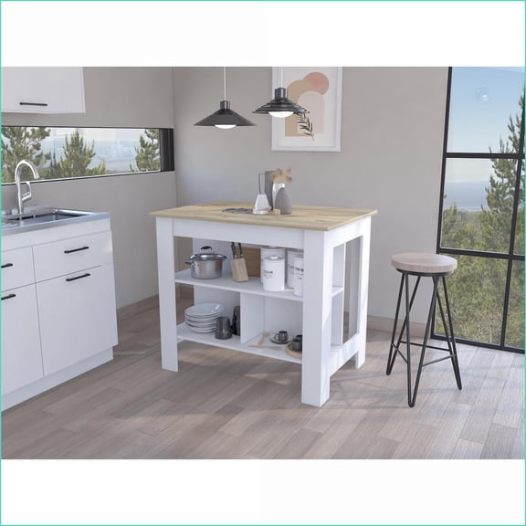 Brooklyn Kitchen Island with Antibacterial Surface & 3 Concealed Shelves - Modern | Engineered Wood