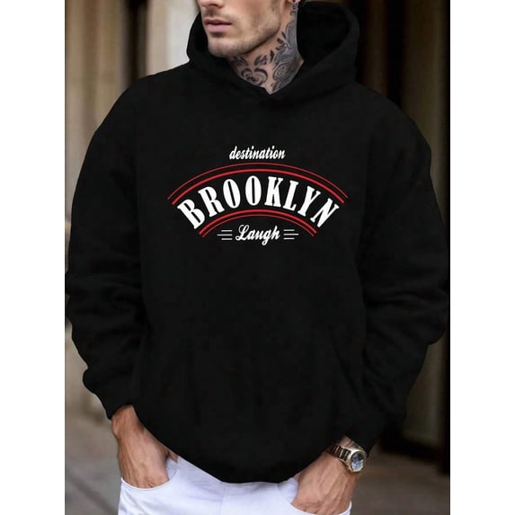 Brooklyn Laugh" Men'S Hooded Sweatshirt - Casual Polyester Knit, Alphabet Pattern, With Front Pocket, For Fall/Winter, Sweater Hoodie