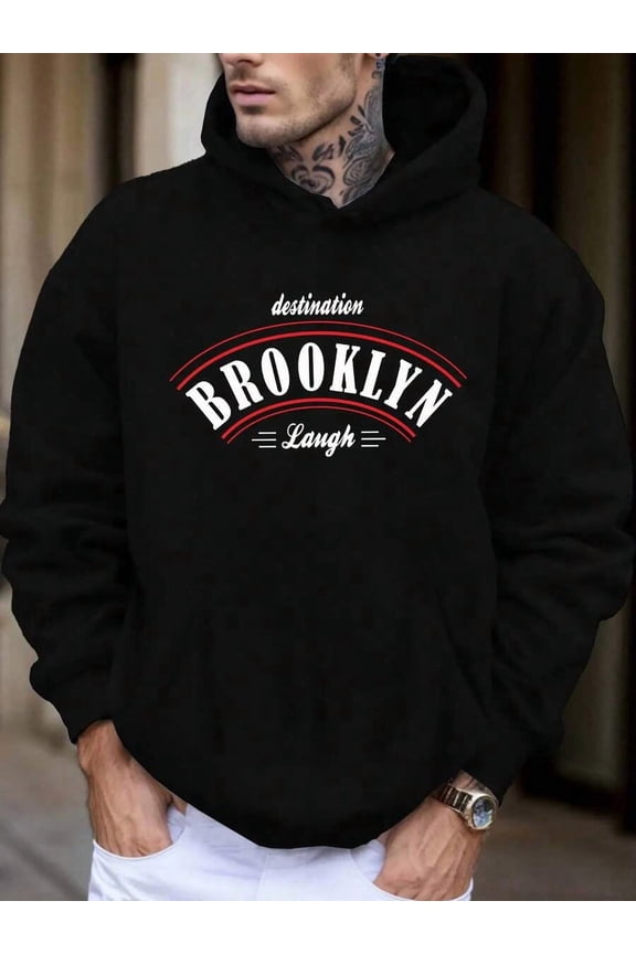 Brooklyn Laugh" Men'S Hooded Sweatshirt - Casual Polyester Knit, Alphabet Pattern, With Front Pocket, For Fall/Winter, Sweater Hoodie