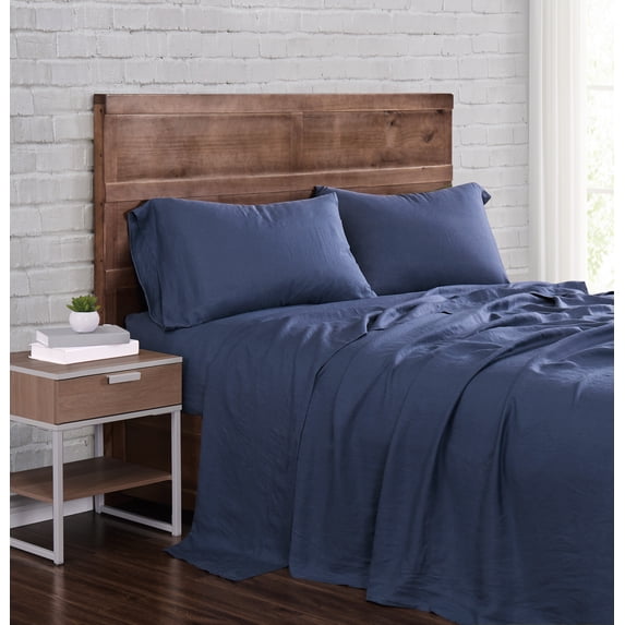 Brooklyn Loom Flax Linen 100% Linen Deep Pocket Navy 4-Piece California King, All Season, Adult Size, OEKO-TEX Certified